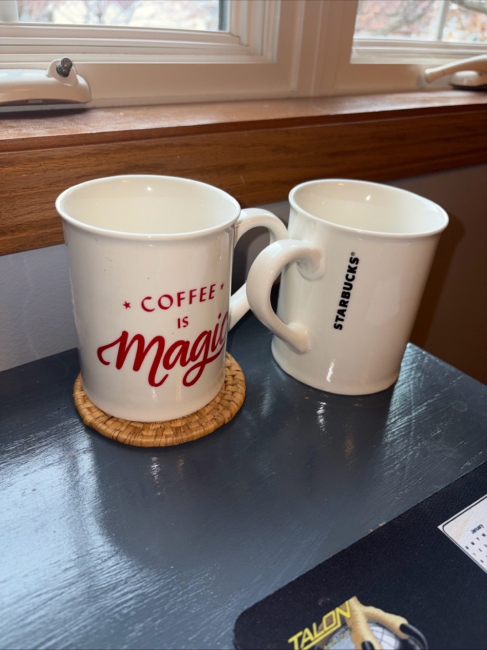 Starbucks White Ceramic Mug with Red 'Coffee is Magic' Script two mugs 12 ounces
